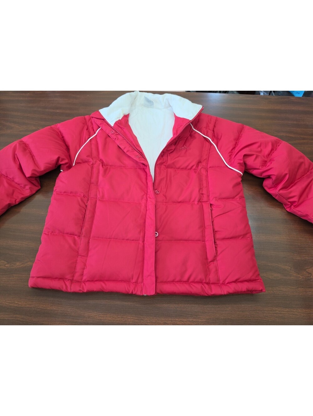 Adidas Women L Red Puffer Jacket Full Zip Snap Winter Coat Y2K Gorpcore Skircore